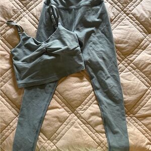 Spacedye Raise The Barre Shirred Cropped Tank and Matching Leggings Set -Sage